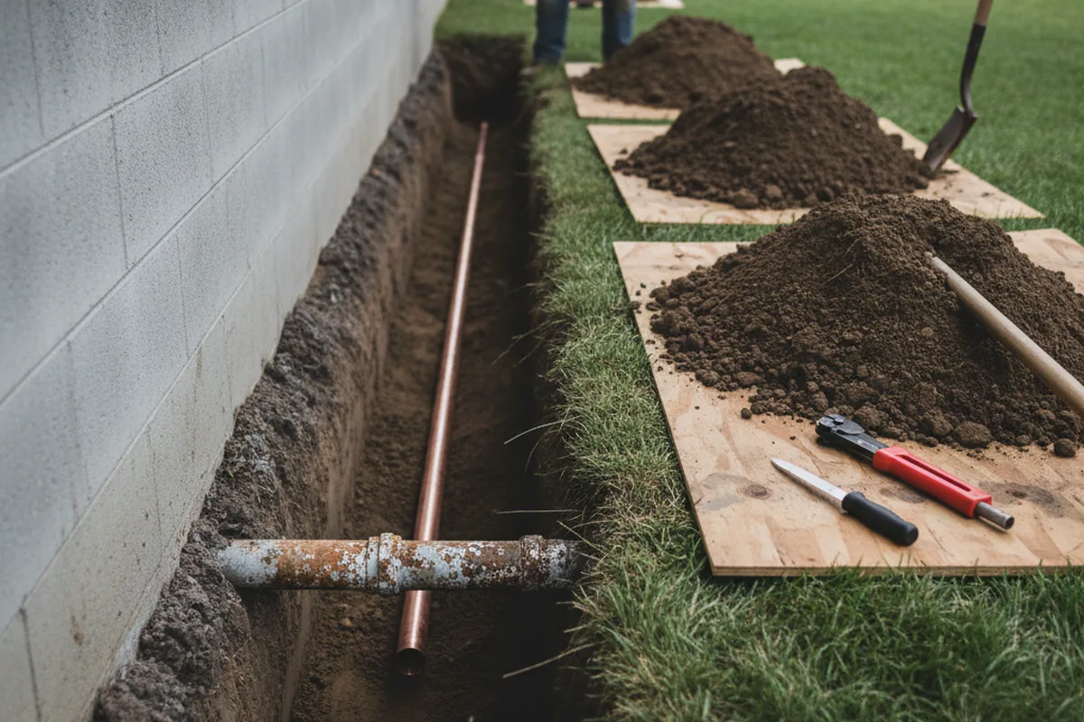 Excavated water line trench during Water Softener Installation in Cadiz